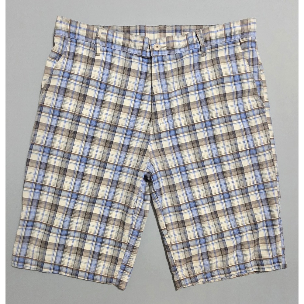 Vercho Plaid Shorts Mens 38 Cotton Blue‎ Brown Flat Front Casual Golf Summer